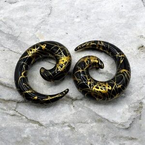 00g 10mm Black & Gold Splatter Acrylic Spiral Taper Ear Plugs Gauges Stretched